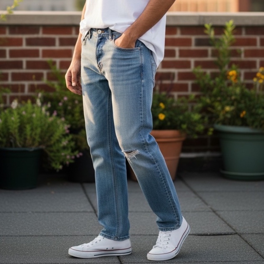 LOIS Jeans Mens 34 Light Wash Distressed Straight‎ Leg Denim Pants